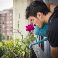 Young Man Watering Plants on Apartment Balcony