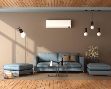 Blue and brown living room with air conditioner