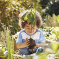 Grandmother and cute little boy gardening outdoors