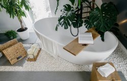 High,Angle,View,On,Modern,White,Bathtub,And,Wooden,Shelf