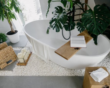 High,Angle,View,On,Modern,White,Bathtub,And,Wooden,Shelf